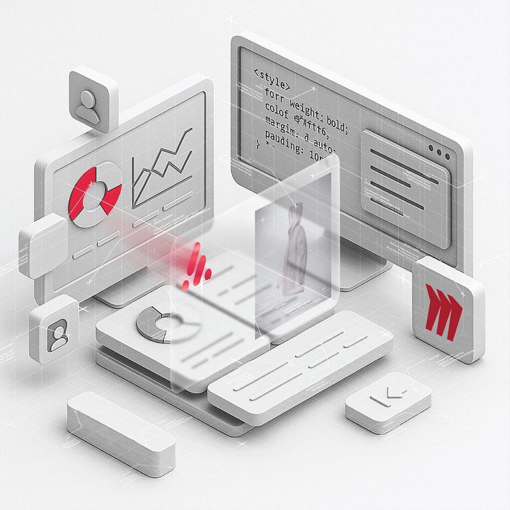 3D-styled workspace featuring data dashboards, code panels, user icons, and a fashion model preview, with the Miro logo prominently displayed—illustrating collaboration and visual planning in AI fashion workflows.