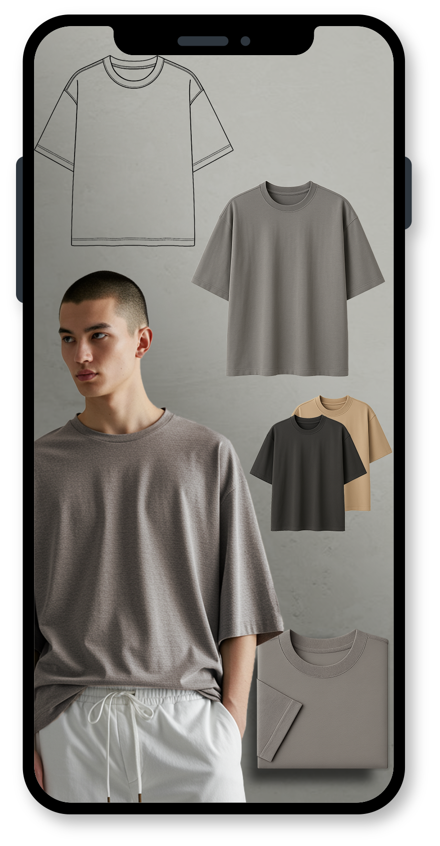 Mobile screen displaying a men’s t-shirt at various stages: from flat sketch to flat render, on-body model visualization, multiple colorway options, and a folded garment mockup—highlighting AI-powered design features.
