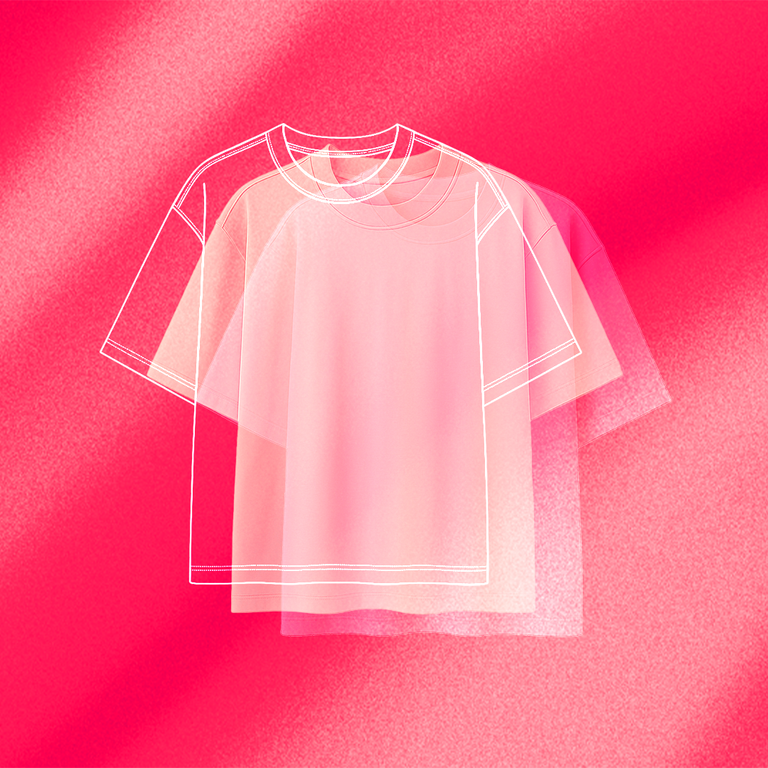 Layered image of a pink t-shirt on a textured pink background, transitioning from a technical sketch to a realistic rendering, symbolizing the transformation enabled by AI-powered design features.