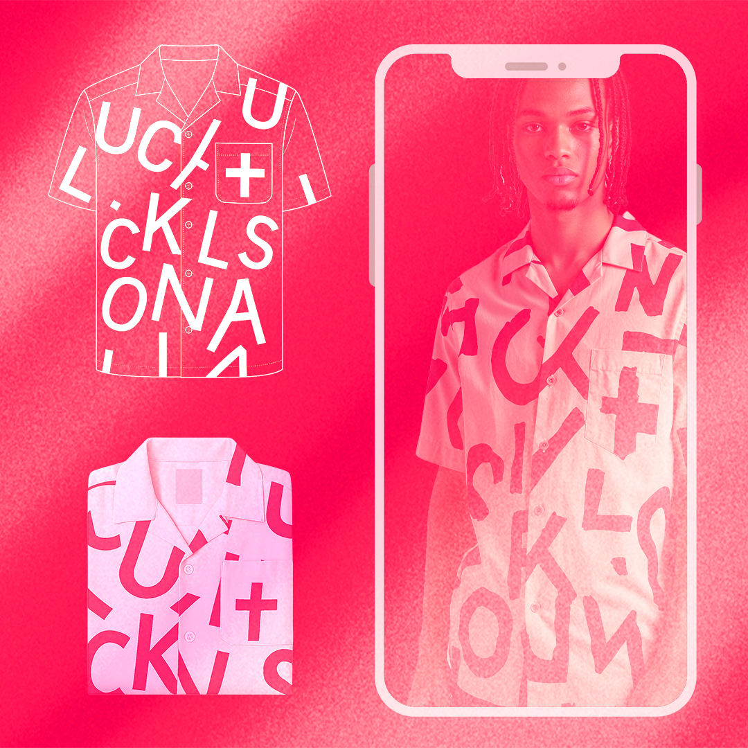 Illustration of a printed button-up shirt shown across a sketch, folded flat, and model view inside a mobile screen, highlighting AI-powered print application and visualization features in fashion design.