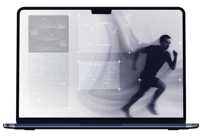 Laptop screen displaying a blurred athlete mid-sprint alongside technical product data, garment schematics, and analytics dashboards—highlighting integrations for Ai tools, and data-driven design workflows in sportswear or performance apparel development.