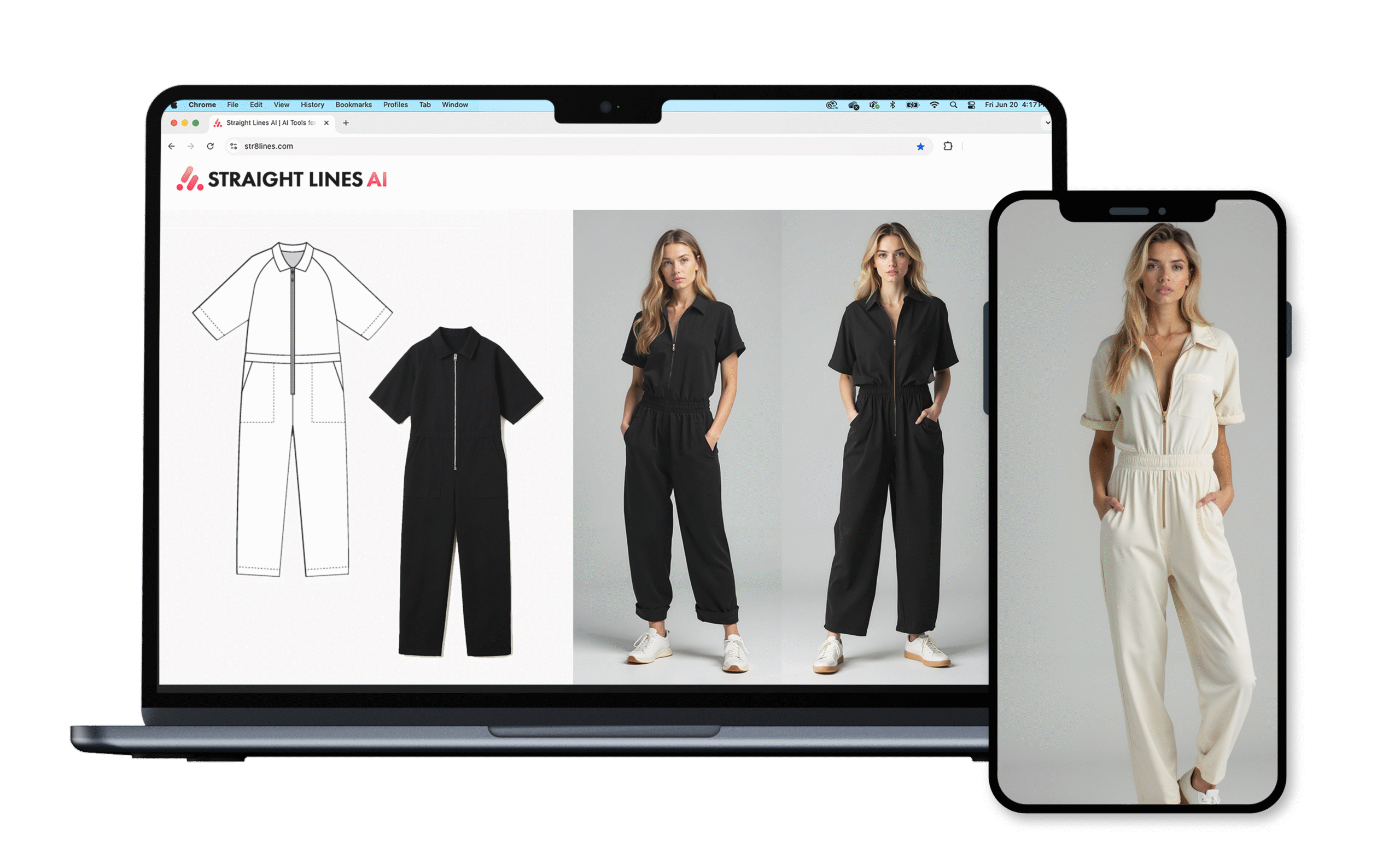 Laptop and smartphone screens showing the evolution of a fashion garment from technical sketch to flat render to realistic model try-ons, highlighting the capabilities of an AI-powered design tool.