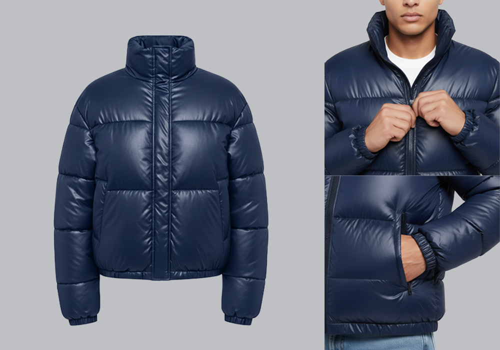 High-quality AI-generated navy puffer jacket with realistic stitching, zipper details, and retail-ready fashion visualization created using AI platforms for fashion and retail.
