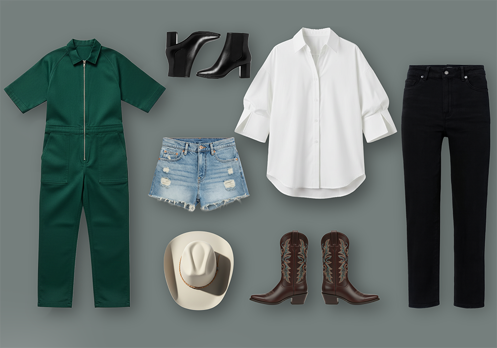 AI-generated outfit assortment featuring green utility jumpsuit, denim shorts, white blouse, jeans, boots, and accessories created using AI tools for fashion and retail.