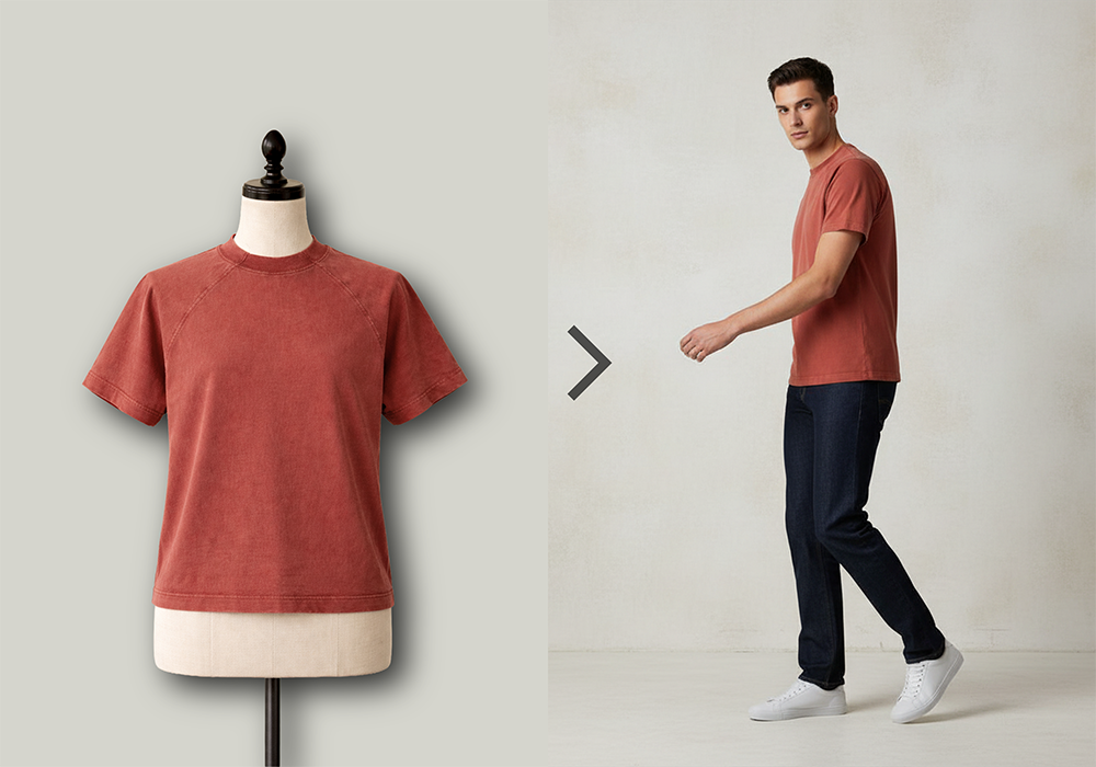 AI-generated apparel visualization showing a t-shirt on a mannequin transformed into on-model imagery using AI tools for fashion and retail.