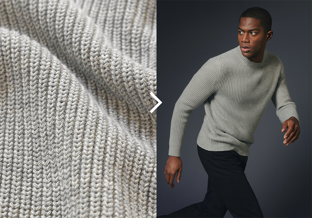 AI-generated ribbed knit sweater showing detailed fabric texture and on-body retail visualization, created using AI tools for fashion and retail.