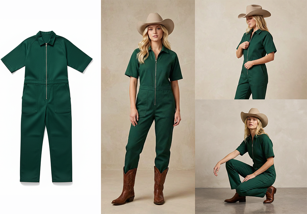 AI-generated green utility jumpsuit shown as flat product image and styled on-model views, created using AI tools for fashion and retail brands.