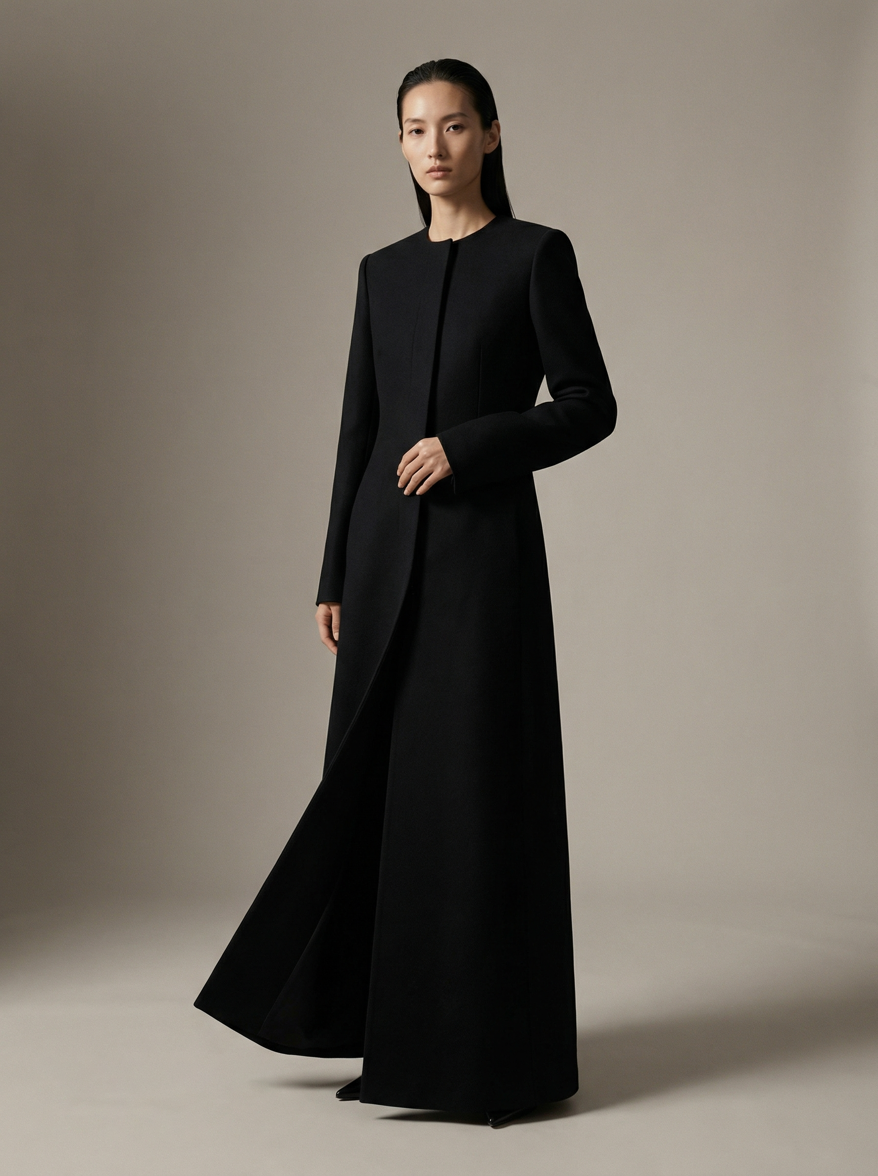 Singularity The Event Horizon Coat — floor-length black structured coat from Straight Lines Ai Spring 2027 collection